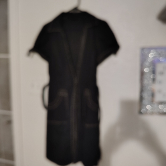 BCBGMaxAzria Black Midi Dress WHITE STITCH, BOW, MATRIX, STRUCTURED, BELT, GOTH - Picture 2 of 10